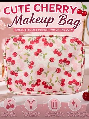 Cute Cherry Print Makeup Bag - Pink